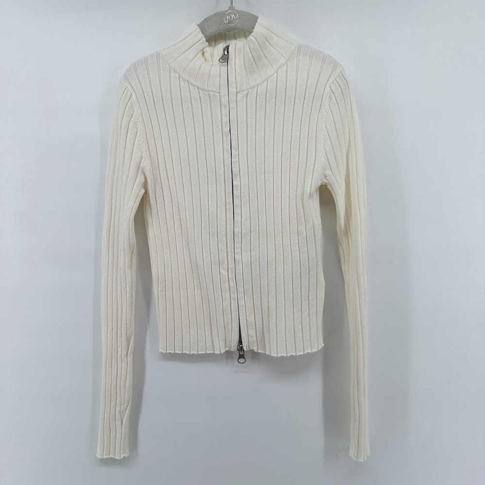 HM Kids Girls Cream Ribbed Mock Neck Two-Way Zip Up Cardigan Sweater Size 8-10Y
